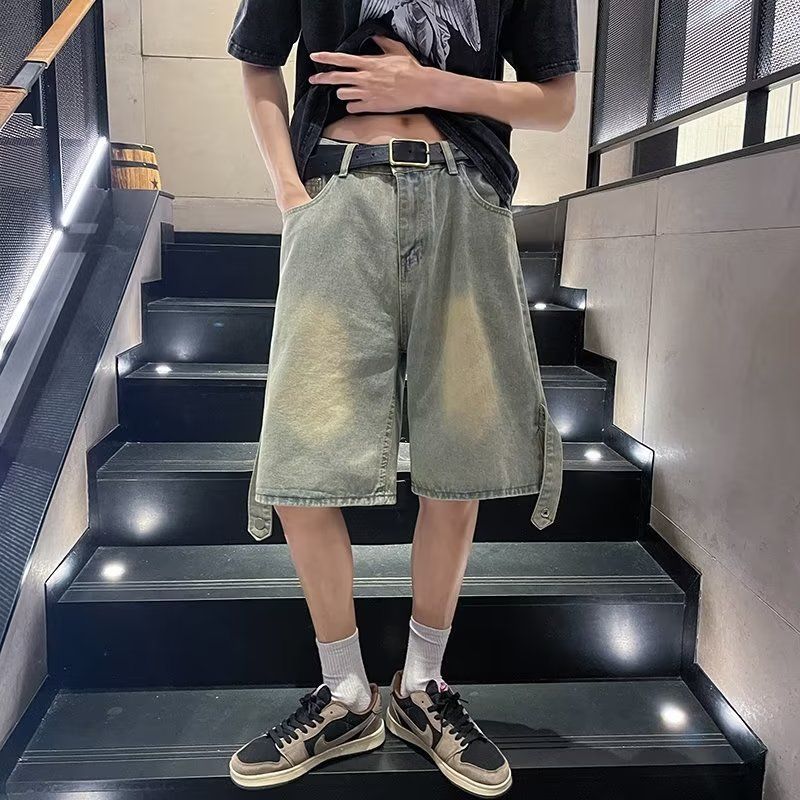 Pantalones cortos de mezclilla teñidos de barro amarillo retro americano para hombres pantalones de herramientas de moda de estilo fino de verano