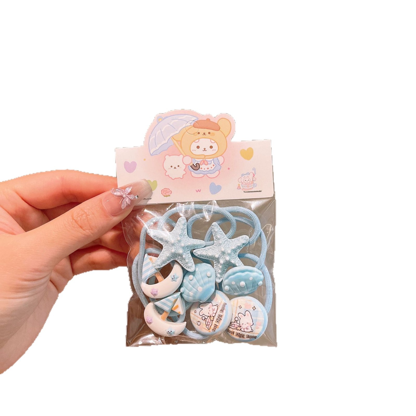 Anillo de cabello infantil encantador conchas de estrellas de mar niñas correa de goma resina amor cola de caballo niñas joyeros de cabello toque