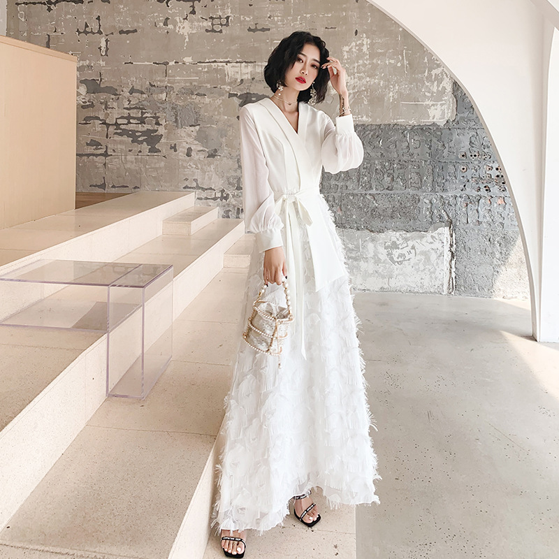 White Tassel Lace Gown 2026 Long-Sleeve Elegant Socialite Host Fairy-Style Annual Party Evening Dress White Tassel Lace Gown 2026 Long-Sleeve Elegant Socialite Host Fairy-Style Annual Party Evening Dress