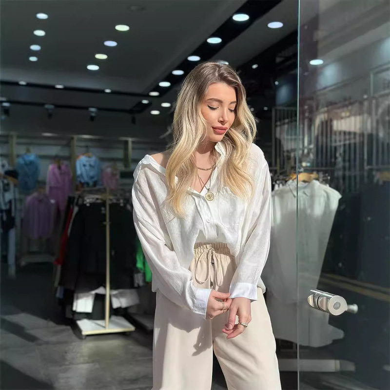 Factory direct sales of European and American foreign trade cross-border INS new imitation Tencel high-grade large profile long sleeve V-neck casual shirt