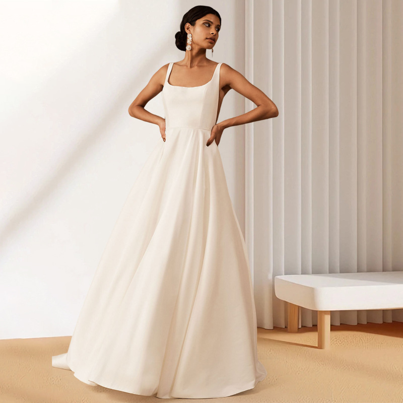 Cross-Border Wholesale French Wedding Dress New Style Simple Square Collar Temperament Slim Dress Hepburn Style Bride Welcome Gauze