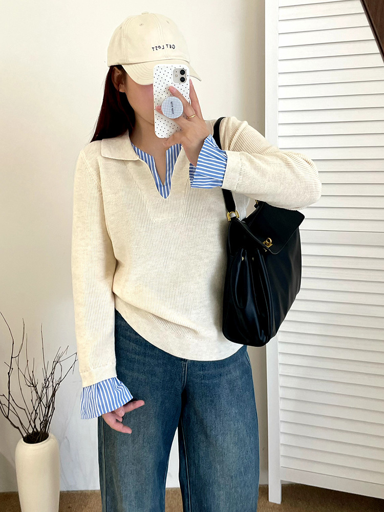 Plus-size women's POLO shirt with a patchwork style, a college-style top for women in the autumn of 2025, a casual knitted sweater for chubby girls 23216