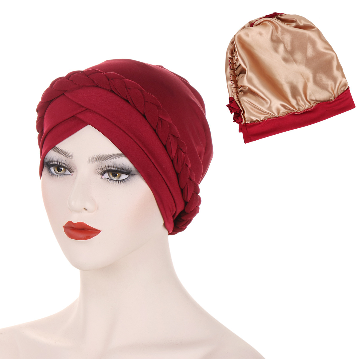 women's forehead double cross solid color satin lined braided turban hat Muslim pullover hat in stock_voghion.com