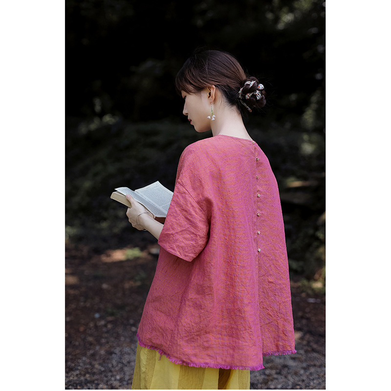 Summer Guava Pink Linen Plaid Round Neck Tassel Loose Pullover Shirt Casual and Versatile Summer Guava Pink Linen Plaid Round Neck Tassel Loose Pullover Shirt Casual and Versatile