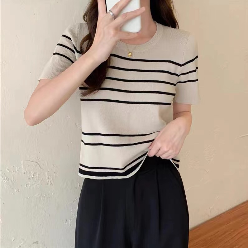 Summer 2023 New Arrival Striped Slim-fit Short Spice Girl Chic T-shirt Thin Ice Silk Short-sleeved Sweater Women's Top