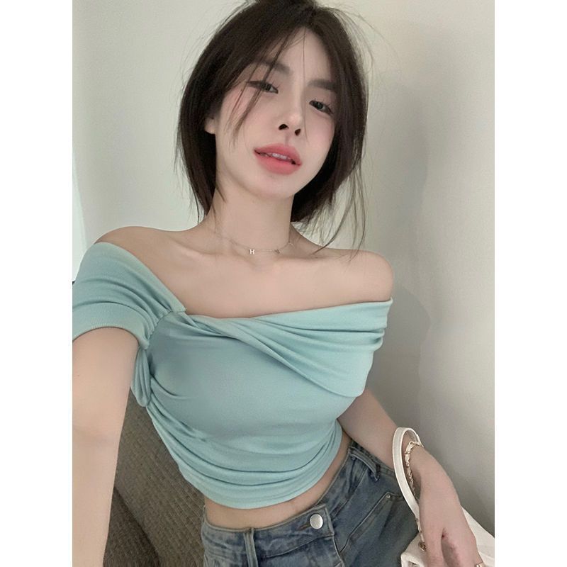 Nicho temperamento fuera del hombro camiseta de manga corta diseño retorcido de las mujeres slim fit estilo occidental verano corto sexy todo partido top image 5