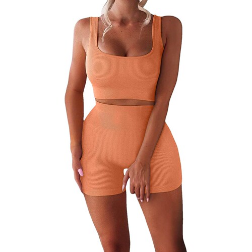 Ladies Sexy U-Neck Backless Top Two-Piece Set Ribbed Backless Top High-Waisted Shorts Yoga Wear