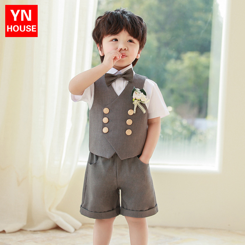 Traje de niño, chaleco, traje de manga corta, traje de actuación de estilo británico de verano, vestido de cumpleaños de bebé, niña de las flores