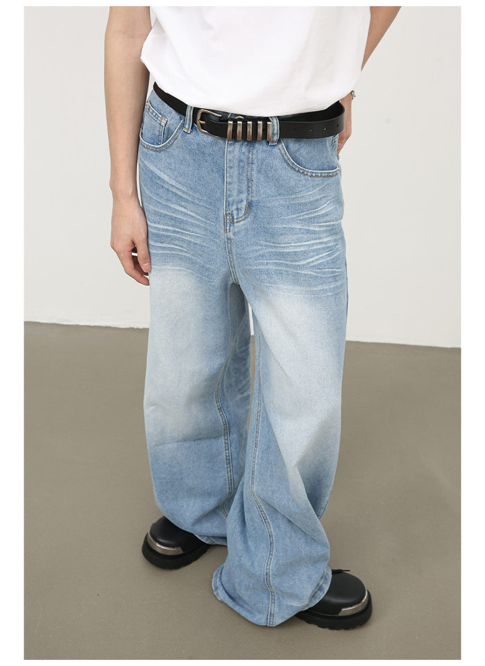 Quần jean nam ống đứng dáng suông rộng, vải denim giặt nước hiệu ứng nếp gấp, phong cách đường phố — Màu xanh lam chi tiết 13