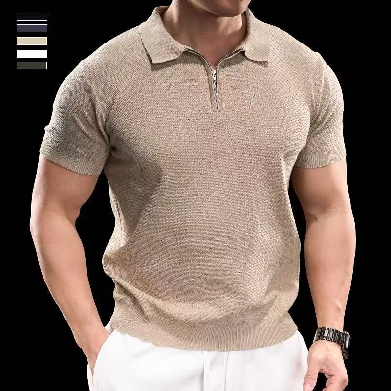 Camisa de polo de manga corta con textura de cremallera de alta calidad de verano, nueva camiseta de solapa de negocios de moda para hombres