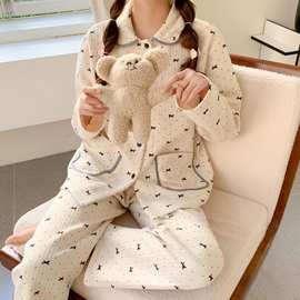 实拍2025秋季韩系蝴蝶结睡衣女款夹棉空气层加厚包边家居服套装批