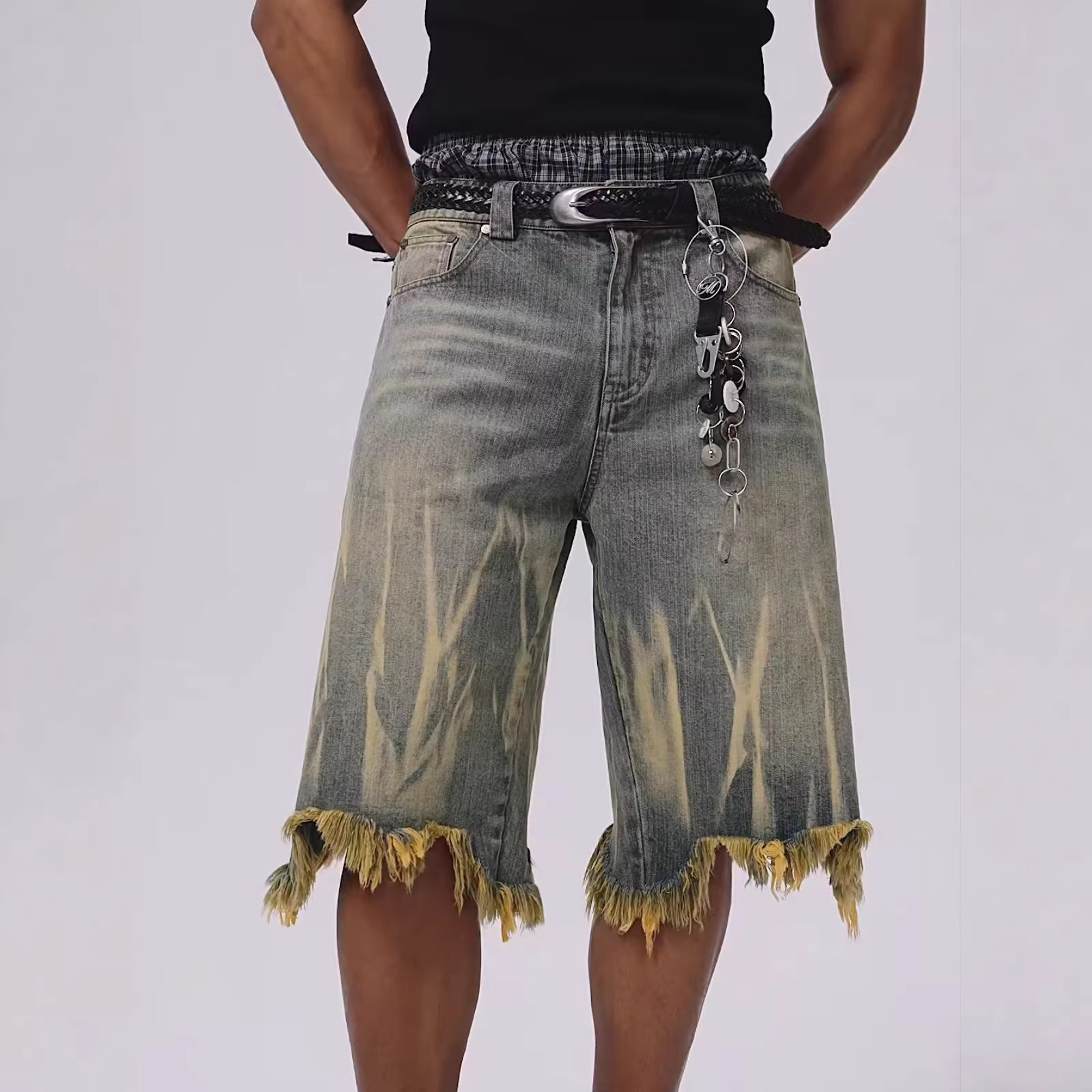 Men's Washed Denim Shorts Trendy Brand Loose Fit Cropped Style Distressed Finish Yellow Mud Dye Summer Casual Clothing_mkmklike.com