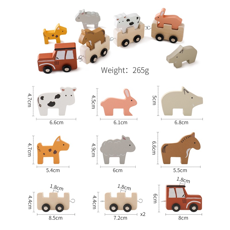 Tren de animales de granja de madera para niños, juguetes cognitivos apilados de iluminación para bebés, juguetes educativos, tren de cumpleaños