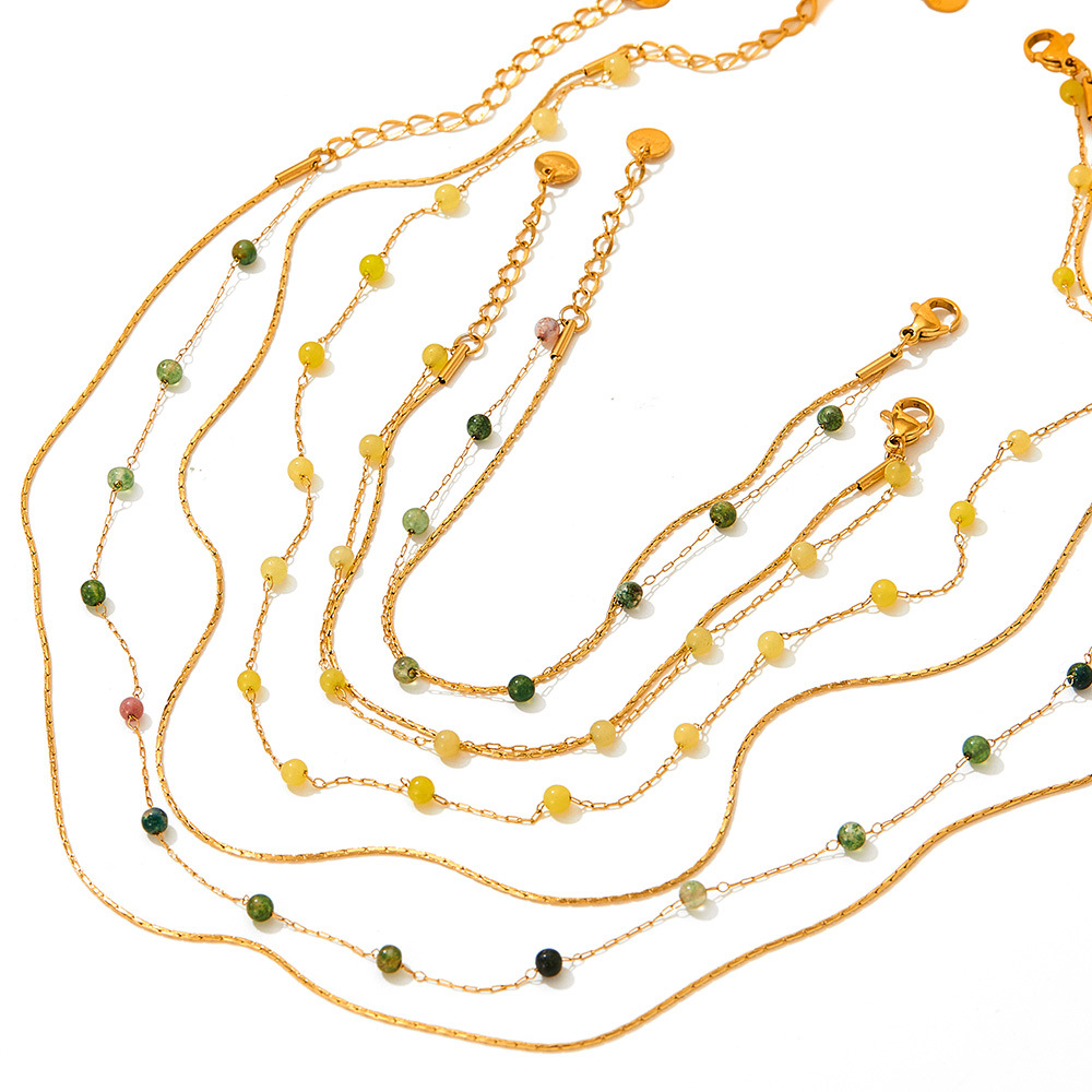 Dongguan titanium steel jewelry wholesale European and American natural stone beads high-end stainless steel necklace bracelet anklet set