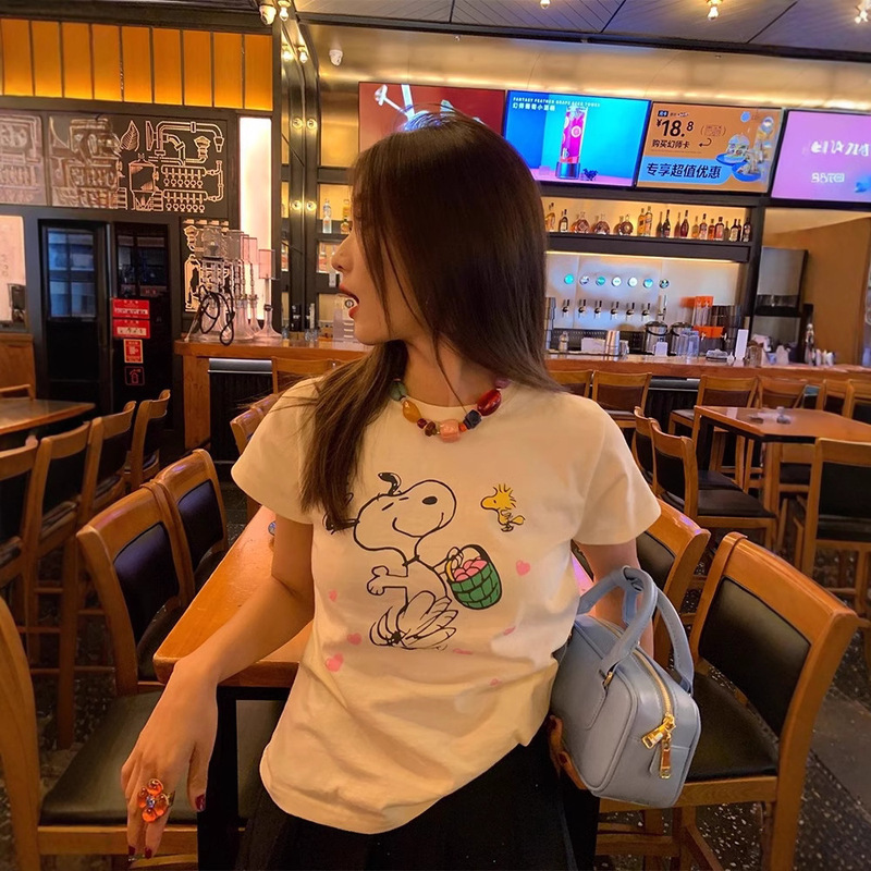 2025 New Beige Printed Short-sleeved T-shirt Women's Design Sense Summer All-match Slim-fit Slim-fit Small Women's Top