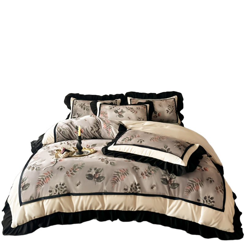 Set di biancheria da letto in quattro pezzi in stile vintage francese nordico boho francese vintage classe A latte, spesso e caldo per l'inverno, copripiumino in velluto corallo, con angoli elasticizzati_voghion.com
