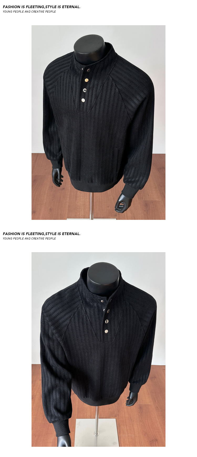Fishbone Stripe Colour-blocked Sweatshirt Henley Collar Unisex_voghion.com