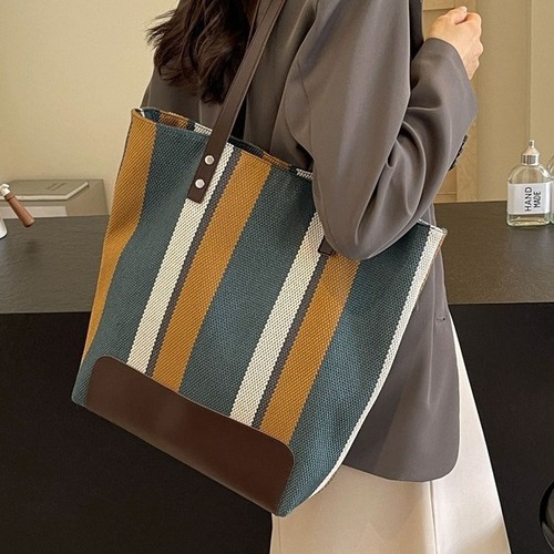 Women's Large Backpack 2024 New Fashion Color-blocked Striped Canvas Commuter Handbag Tote Bag Trendy Shoulder Bag