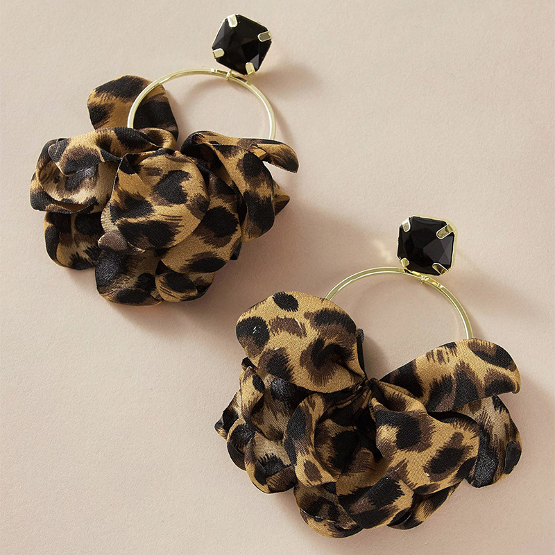 Personality Exaggerated Leopard Print Fabric Geometric Imitation Gemstone Inlaid Earrings display picture 1