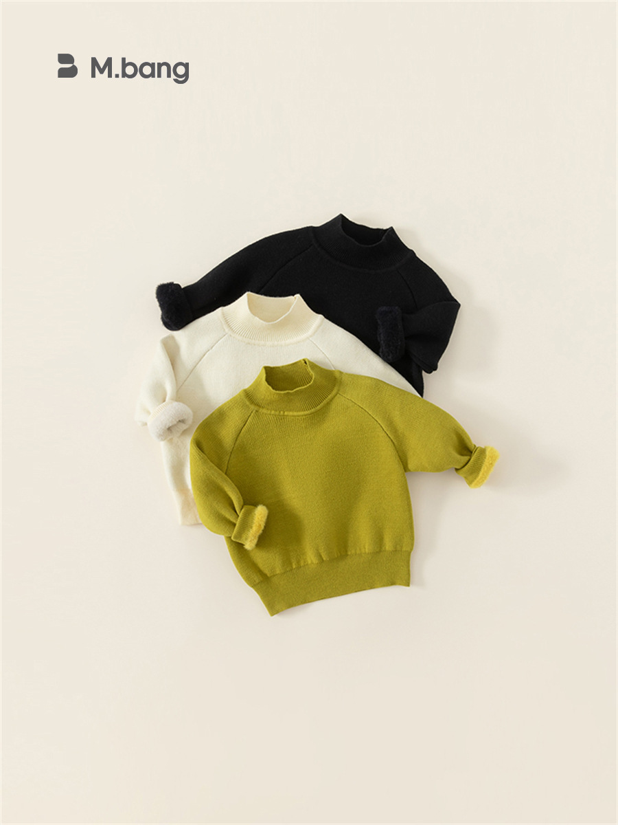 Winter solid color fleece base children's knitted sweater for boys