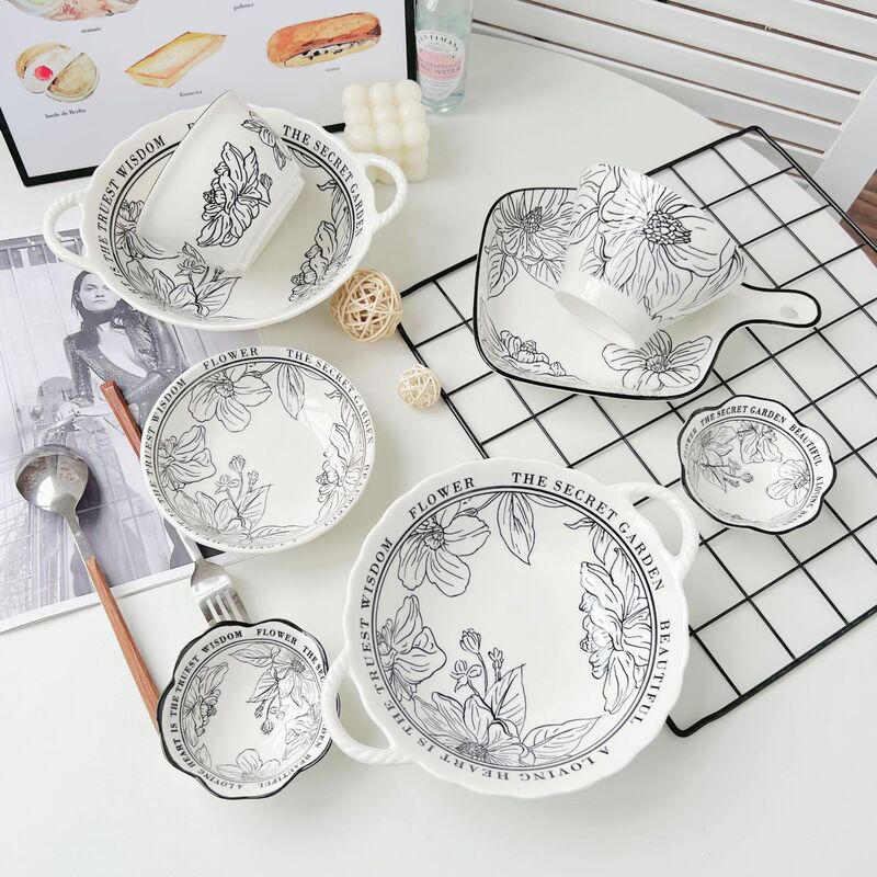Small Fragrant Style Hepburn French Style High Color Value Underglaze Color Tableware suit Simple Style Household Afternoon Tea Dessert Plate