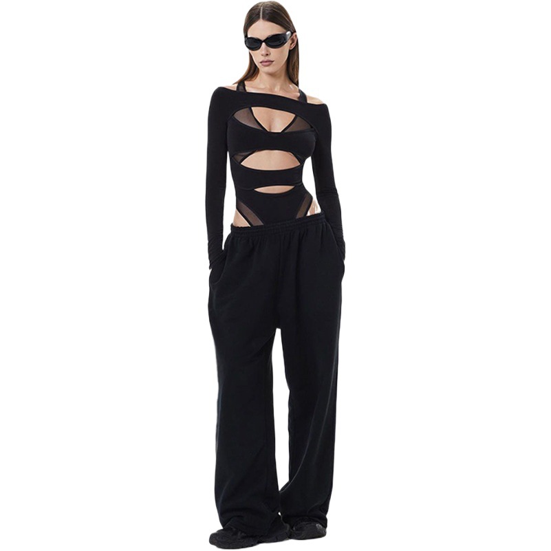 Mono ajustado de estilo europeo y americano 2024, nuevo estilo urbano para mujer, sexy, con malla, patchwork, espalda descubierta y cintura alta.