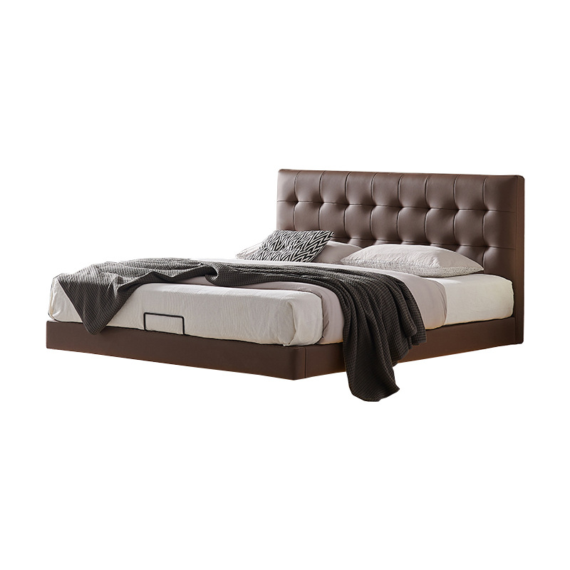 Cama de suspensión de waffle minimalista italiana, hebilla de tirón, cama de cuero de vaca, cama de matrimonio, cama doble, dormitorio principal, 1.8m