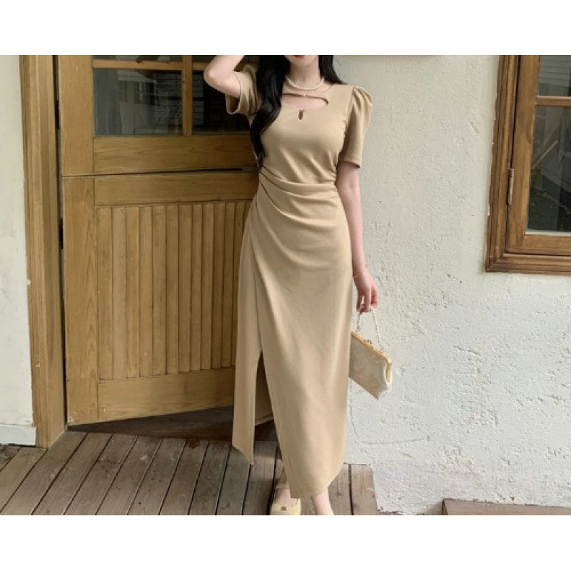 大码连衣裙时尚感轻奢黑色正肩夏季新款胖mm巨显瘦设计感开叉长裙|undefined