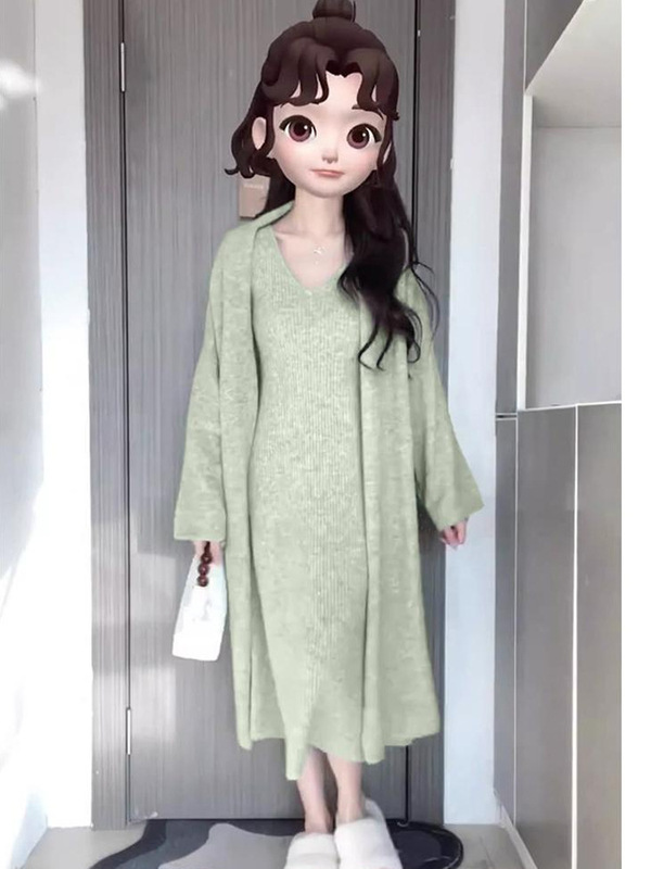 一整套早秋穿搭针织开衫外套秋冬吊带背心裙毛衣裙两件套装连衣裙|undefined