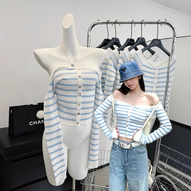 off-shoulder blue and white striped long-sleeved sweater women's spring slim-fit inner sweater design pure bottoming top