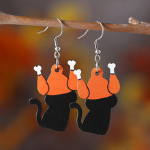 跨境新款秋季丰收感恩节黑猫火鸡吊坠耳环木质双面耳饰万圣节礼物