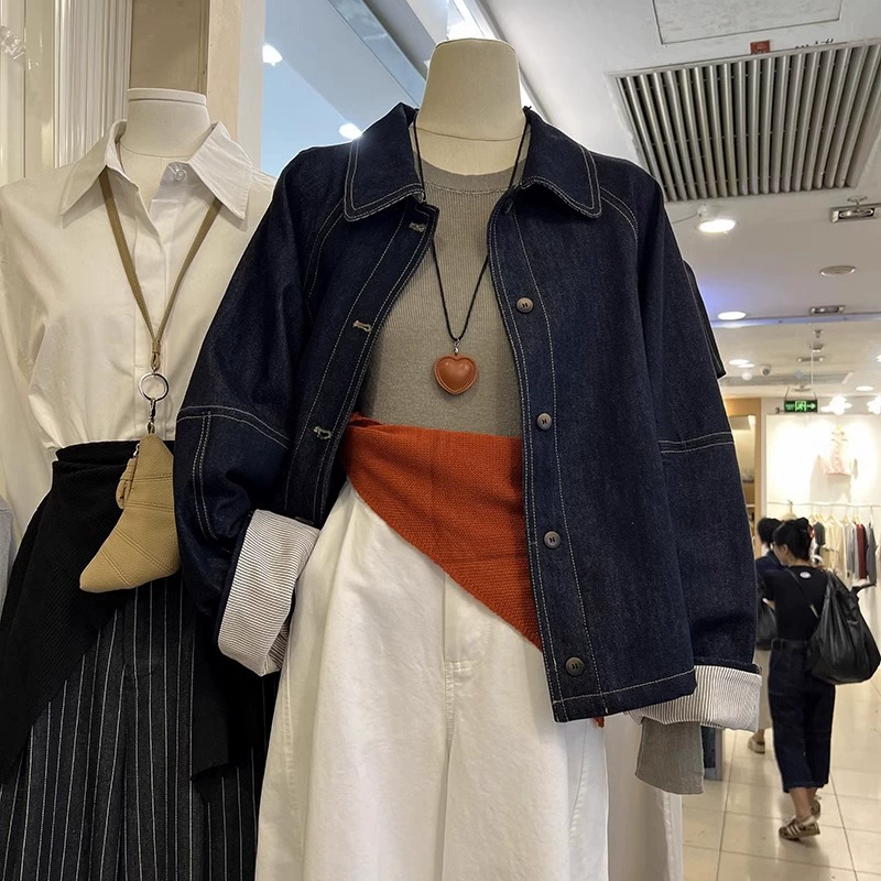 Японская мойка с лацканом джинсовая короткая куртка ранней осенью новый свободный A-образный плащ коридор с длинными рукавами повседневный топ женский