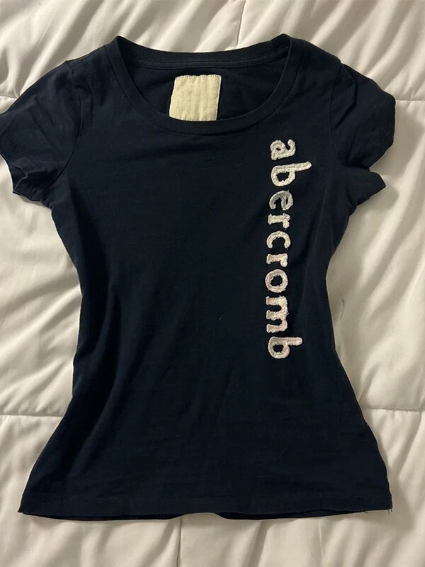 [210g 40 Count Pure Cotton] Flocked Letter Short-Sleeved T-Shirt Women's Slim Short Top Navy Blue American Style