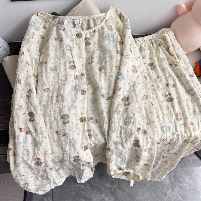 Long-Sleeved Pajamas for Girls in Spring and Autumn with Chest Pads, Woven Cotton Thin Pants, Sweet Puff Puppy Home Wear Set