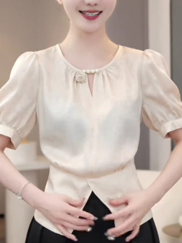 2025夏季新款小香风短袖雪纺衫女短款修身别致上衣设计感显瘦衬衫|undefined