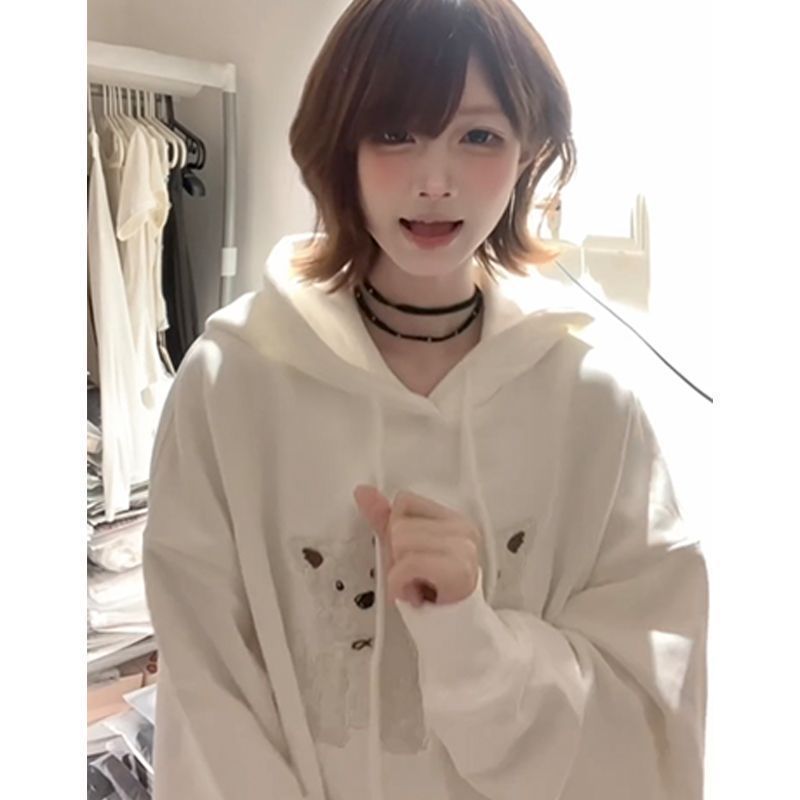 美式重磅小狗刺绣白色连帽卫衣女秋冬2025新款外套宽松慵懒风上衣|undefined