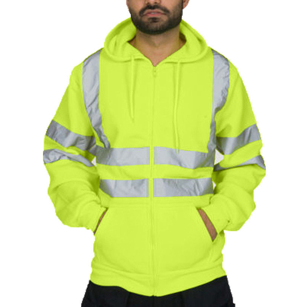 Men's Clothing reflective strip plus velvet sweatshirt outdoor sanitation work clothes zipper hooded color matching sweatshirt jacket_voghion.com