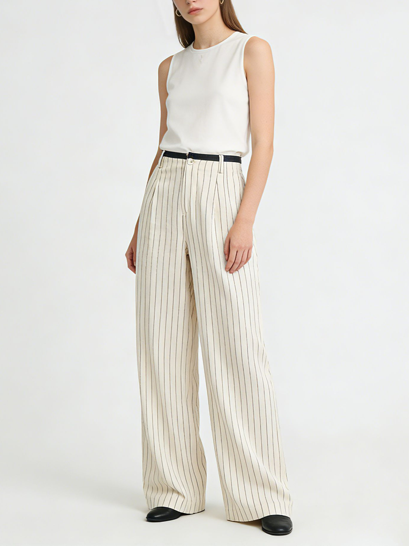 Quần culottes nữ ống rộng vải lanh sọc dọc, cạp cao phối màu, dáng suông thoáng mát — Vải gai sọc