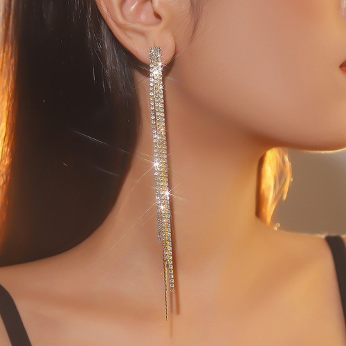 Korean Dongdaemun nightclub style full of diamonds luxury tassel rhinestone chain earrings sparkling temperament celebrity earrings wholesale