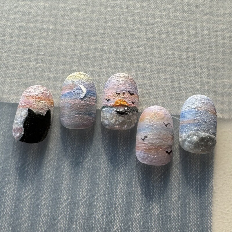 Sunset Beach Oil Painting Style Kitten Wear Armor Art Monet Style Purple Faint Niche Nail Art Patch