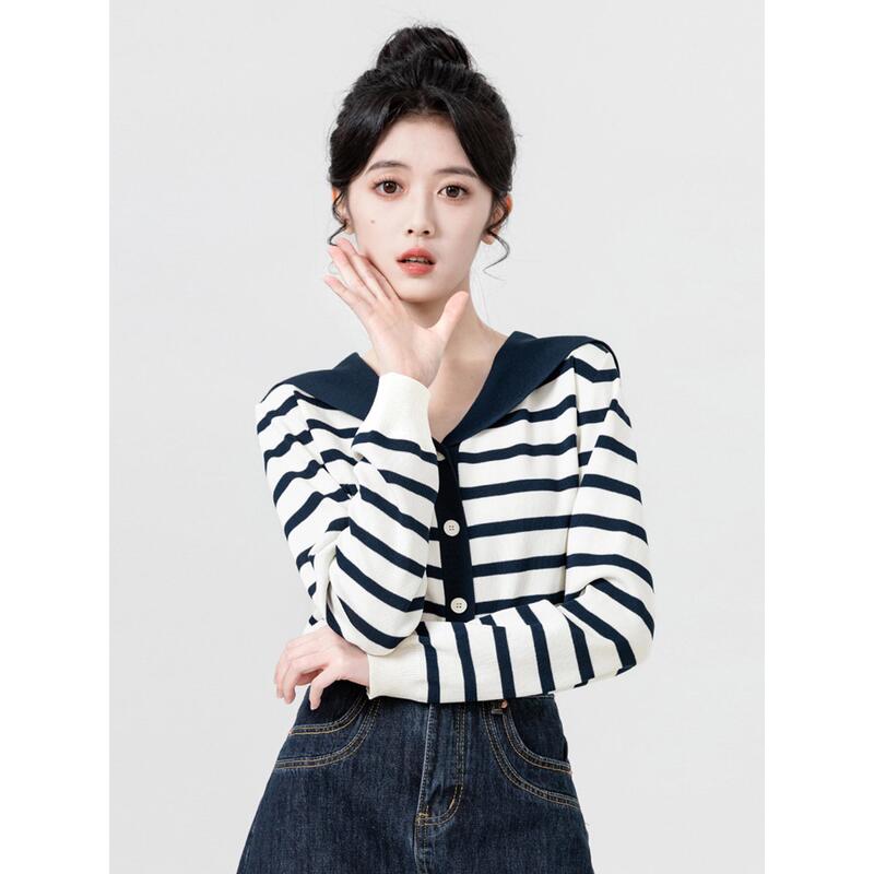 Contrast Color Navy Collar Striped Knitted Cardigan for Women, New Spring and Autumn 2026 College Style, Age-Reducing Loose Top