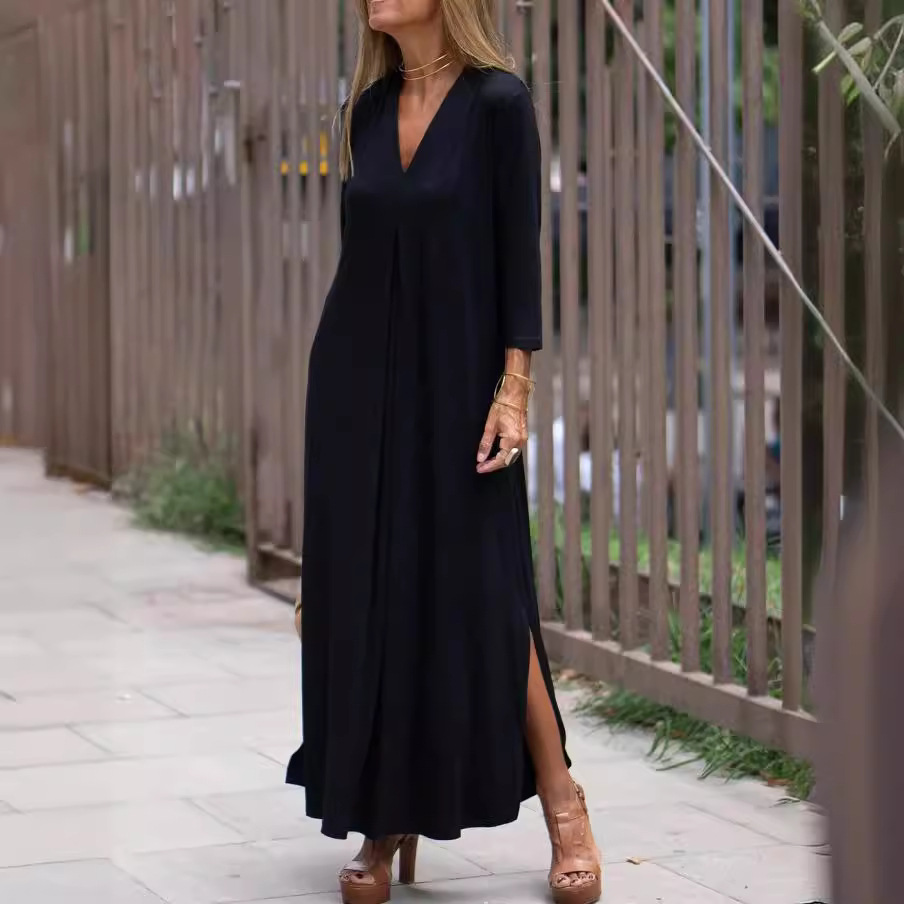 Women's Clothing Women's V-Neck Knitted Long Dress Style Solid Color Three Quarter Sleeve Dress With Slit_voghion.com