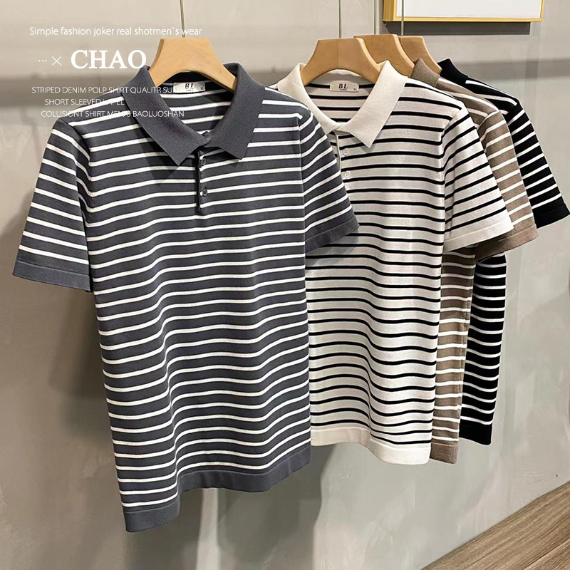Summer Thin Fashionable Black and White Striped Short-sleeved Polo Shirt Men's Slim-fit Breathable Top Men's Korean-style Sweater Summer Thin Fashionable Black and White Striped Short-sleeved Polo Shirt Men's Slim-fit Breathable Top Men's Korean-style Sweater