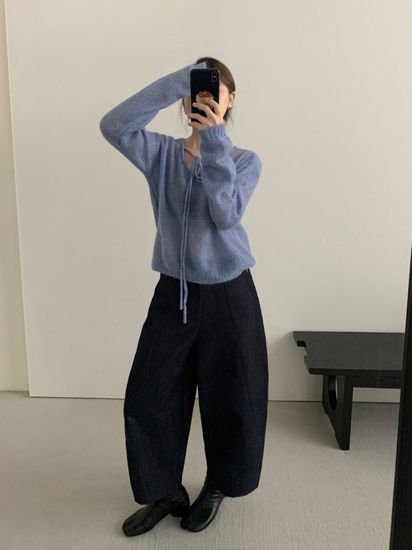 TG 韩系甜美镂空薄透针织衫女2025秋季新款领口系带显瘦毛衣25741|undefined