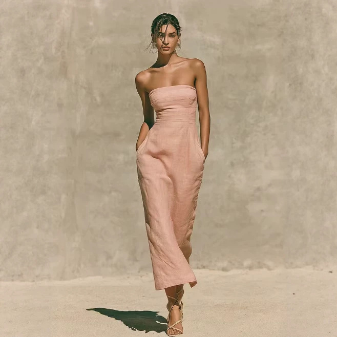 2026 New Style Elegant Strapless Linen Mid-Length Tube Top Dress 2026 New Style Elegant Strapless Linen Mid-Length Tube Top Dress
