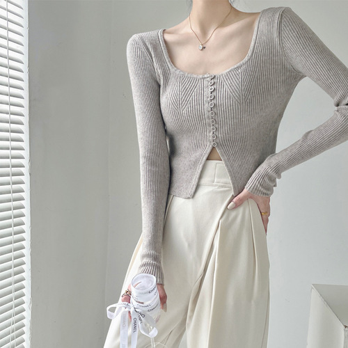 Pure Desire Boneless Square Collar Knit Basic Top Women Autumn/Winter High-End Gray Sweater Underwear Design-Small Group Upper Body Design