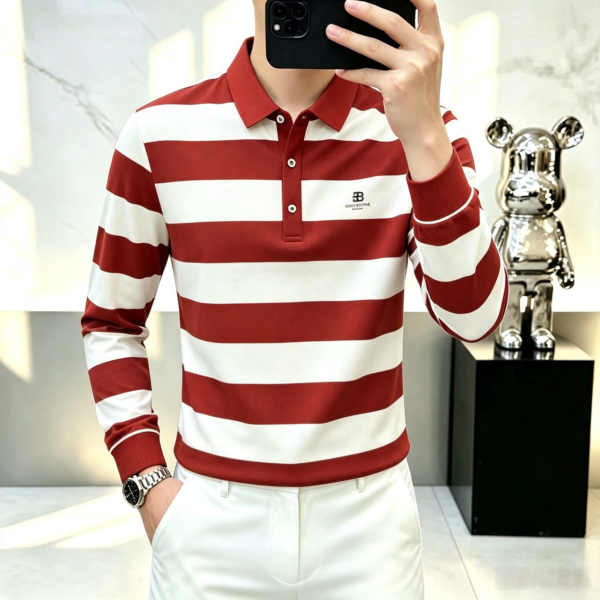 Comfortable, breathable, stylish, and simple striped long-sleeved T-shirt for young men, new spring and autumn style, versatile base layer.