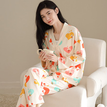 春夏季純棉日式和服小香風韓版V領開衫甜美舒適親膚女士睡衣套裝