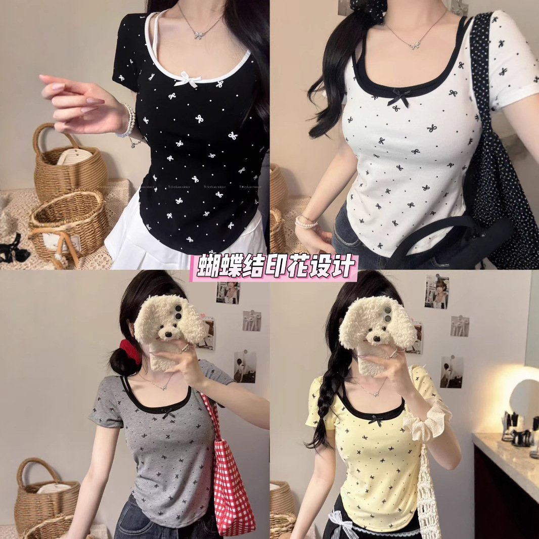 5099# Pure Desire Bow Fake Two-piece Short-sleeved T-shirt Women's Summer Sweet Spice Girl Slim Fit Short Base Shirt Top
