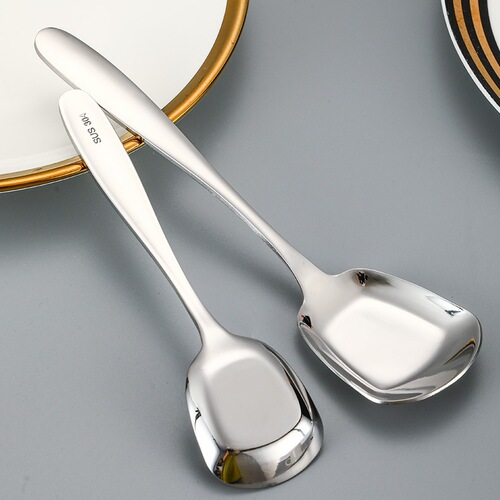 Spoon 304 stainless steel flat bottom spoon thickened square head spoon household eating spoon ice cream spoon Chinese spoon tableware